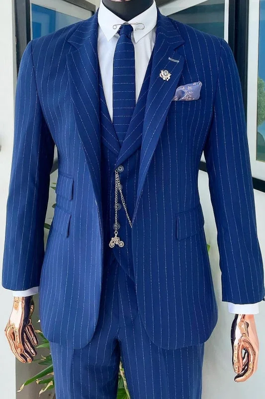 Fancy Blue Striped Peaked Lapel Three Pieces Business Suits Prom Suits