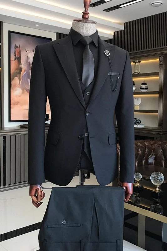 Fancy Peaked Lapel Three Pieces Formal Business Suits All Black Wedding Suits