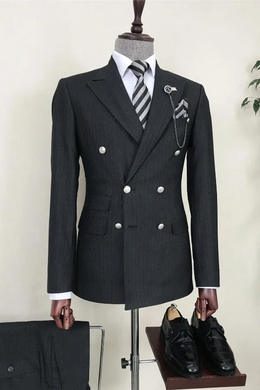 Formal Black Striped Double Breasted Business Suits with Peaked Lapel