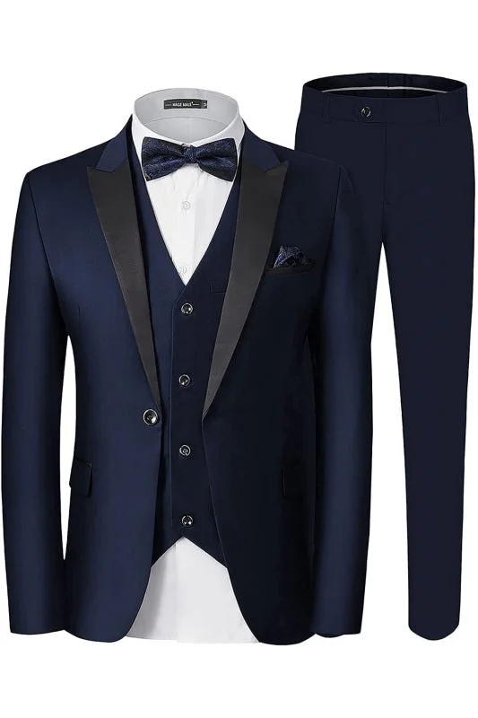 Formal Navy Blue Three Pieces Business Suits with Black Peaked Lapel