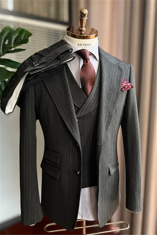 Gray Striped Peaked Lapel Business Suits 3 Pieces Suit Wedding