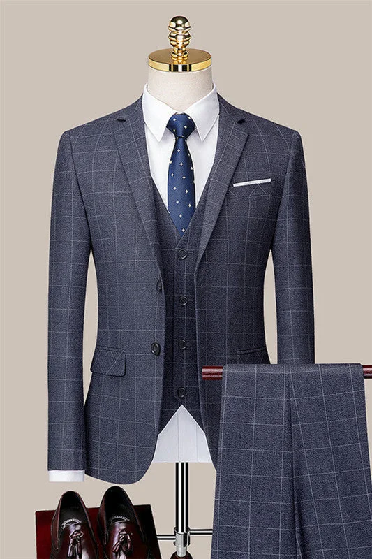 Gray Three Pieces Notched Lapel Plaid Formal Business Suits Two Pieces Wedding Suits for Men