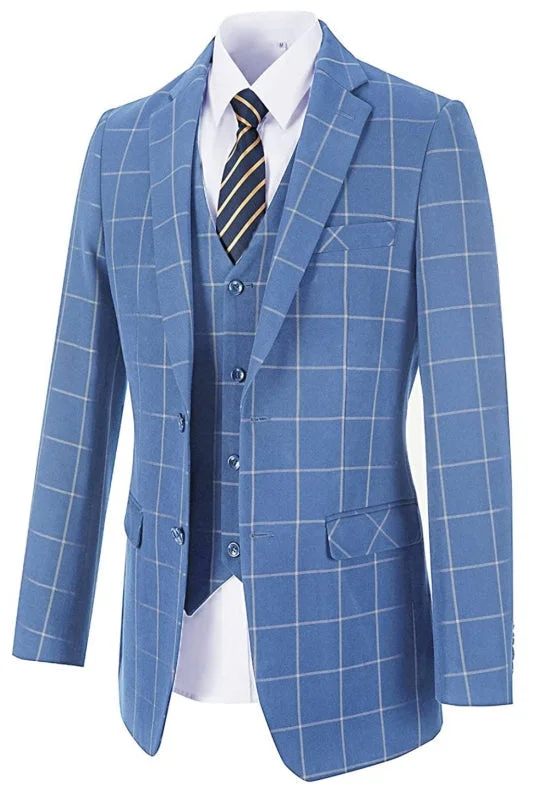 Light Blue Notched Lapel Plaid Three Pieces Business Suits Prom Suits