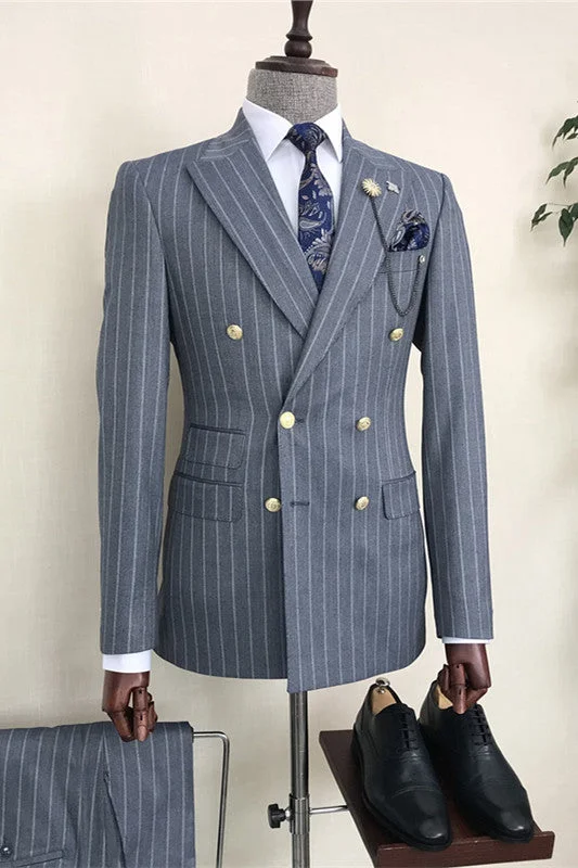 Navy Blue Double Breasted Peaked Lapel Business Suits Striped Two Pieces Prom Suits