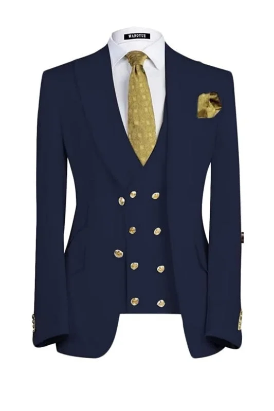 Navy Blue Peaked Lapel Three Pieces Business Suits Slim Fit Bestman Suit