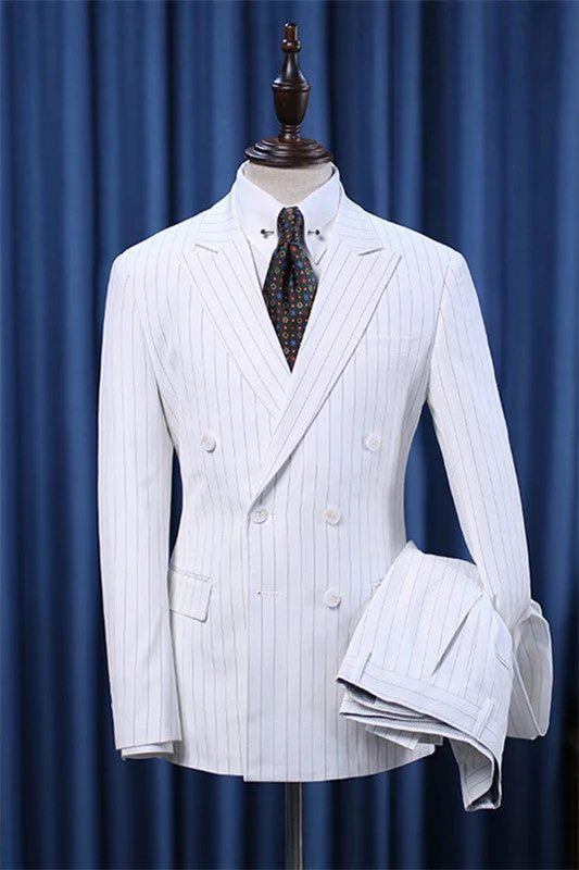 White Striped Double Breasted Peaked Lapel Wedding Suits Two Pieces Business Suits